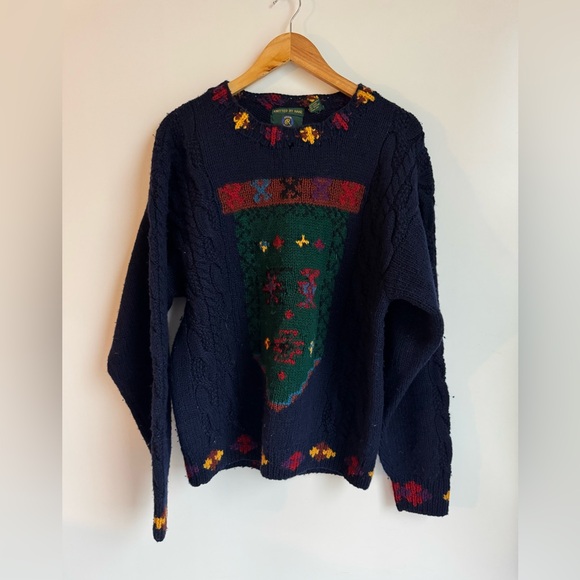 Club Room Other - VINTAGE Club Room Knitted by Hand Blue Sweater Men Medium Knit Crest 100% Wool